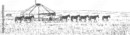 Traditional nomadic yurt with grazing horses on vast grassy steppe landscape, pastoral rural life