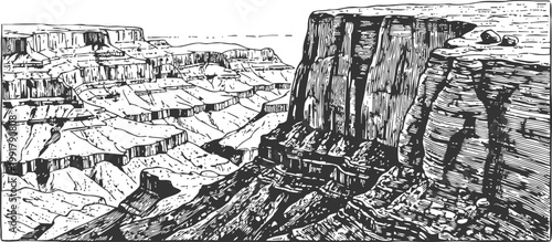 detailed black and white illustration of a vast canyon landscape with layered rock formations and cliffs