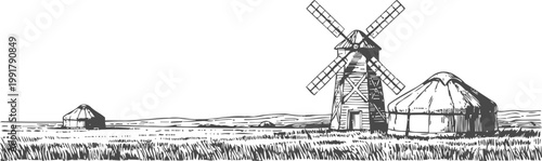 vintage countryside landscape with traditional windmill and rustic rural houses