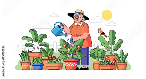 Elderly Woman Watering Plants in Garden.