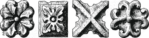 antique floral and geometric ornamental wood carving elements collection