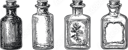 Vintage glass bottles collection with cork stoppers and decorative labels, antique apothecary jars