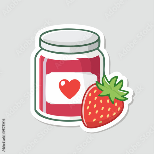 Strawberry jam jar with heart and strawberry sticker illustration