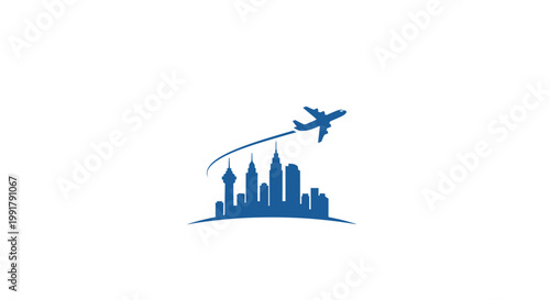 Airplane Flying Over City Skyline Symbolizing Travel and Tourism.