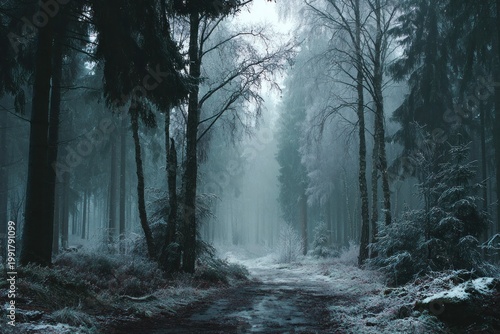 Misty winter forest path with frost covered trees and snow