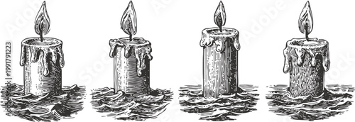 hand drawn burning candles with melted wax floating on water surface, vintage sketch illustration