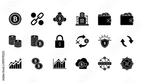 Black bitcoin and cryptocurrency icons set in clean grid layout fintech blockchain vector pack on white background