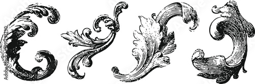 vintage ornamental floral scroll elements set with decorative leaves and swirls in black ink