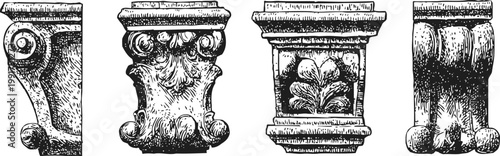 set of classical architectural capitals with intricate antique ornamental designs and carved details