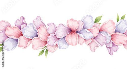 Watercolor floral border, pink purple flowers, leafy garland, elegant vector illustration