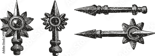 medieval spearheads and spiked weapon tips vintage hand drawn vintage black and white illustrations of antique armory