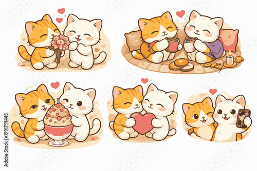 Cute cats in love: romantic illustrations with hearts, flowers, and cozy moments.