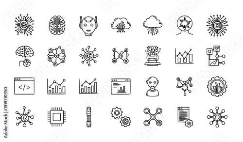 Hand drawn artificial intelligence and technology doodle icons set with clean grid layout in black and white vector