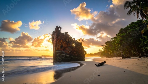 A weathered shipwreck rests on a sandy beach as the sun sets, casting golden light and shadows across the scene
