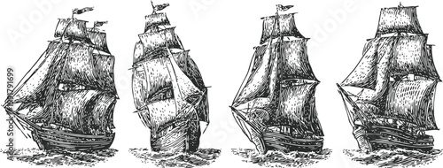 Four detailed vintage sailing ships with full sails on open water, classic maritime vessels illustration