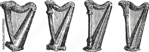 vintage hand drawn harp illustrations set classical musical instrument sketches in black and white elegant stringed instruments collection