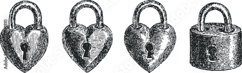 Vintage heart shaped padlocks set antique metal locks with keyholes in various classic designs security symbols
