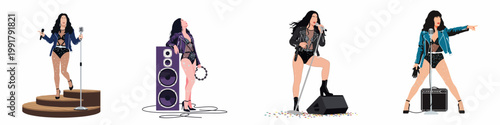 Set of flat vector illustrations featuring a female pop star performing on stage in various poses with musical equipment.