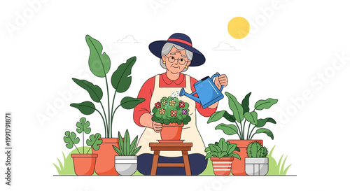 Elderly woman watering potted plants with care and dedication.
