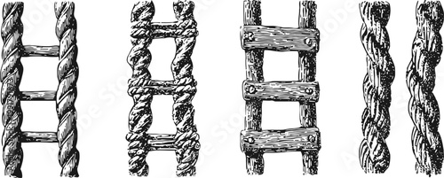 Rustic wooden and rope ladders vintage illustrations hand drawn natural textured step tools for climbing or decor
