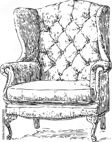 Classic tufted wingback armchair with elegant curved legs and rolled arms vintage design