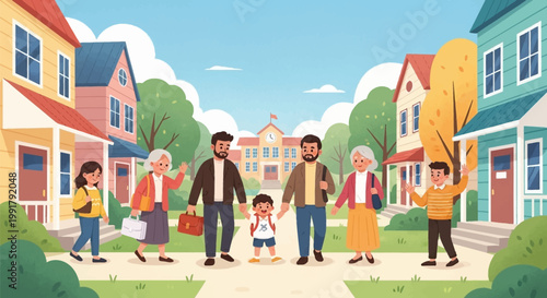 Diverse multi-generational family walking together on a sunny day.