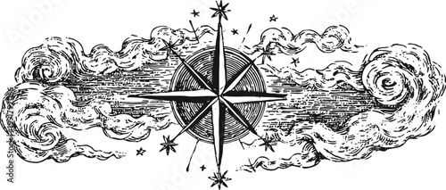 Vintage compass rose with swirling clouds and stars in intricate black ink drawing