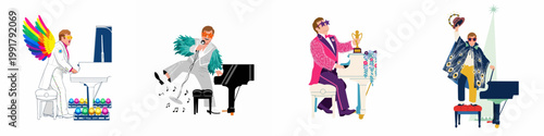 Bild auf Leinwand Illustrations of a flamboyant male musician in iconic stage outfits performing on piano and singing in various vibrant poses