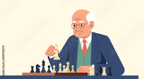 Elderly Man Playing Chess Concentrating on Strategy.