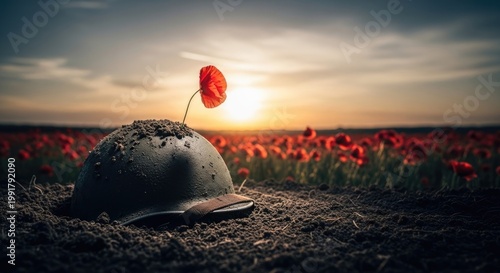 Military helmet, symbolizing fallen combatant, buried in dark soil, with bright red poppy flower, representing world war remembrance, during calm evening light.