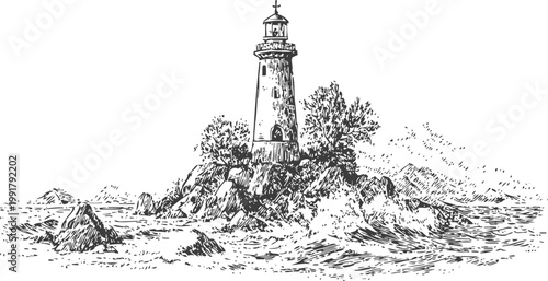 Detailed vintage illustration of a coastal lighthouse on rocky island with surrounding waves
