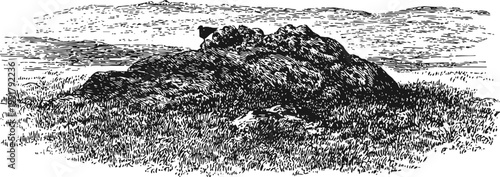 Ancient stone mound in grassy field with cloudy sky background, vintage black and white engraving