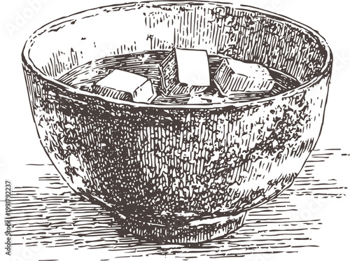 hand drawn vintage bowl with ice cubes and liquid inside, detailed sketch of textured container