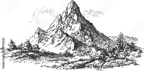 tall rugged mountain peak with surrounding pine trees scenic natural landscape in black and white ink drawing