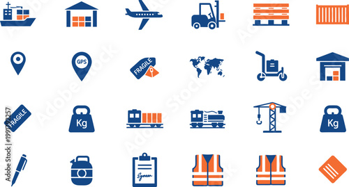 Icons representing various aspects of logistics and supply chain management Vector