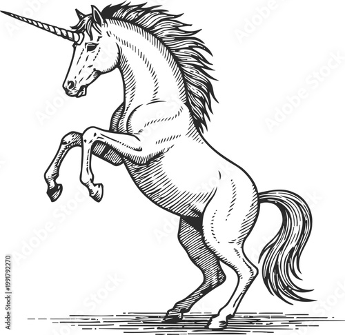 Elegant rearing unicorn illustration mythical fantasy horse with long mane and spiraled horn