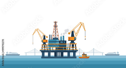 A massive offshore oil drilling platform stands firmly in the deep blue ocean waters surrounded by industrial ships and a distant suspension bridge silhouette.