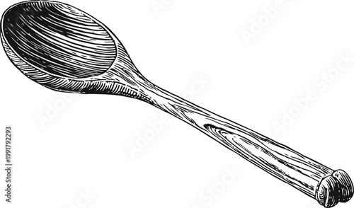 Vintage wooden spoon hand drawn illustration kitchen utensil for cooking and serving food