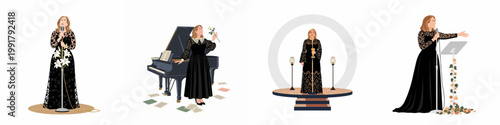 Set of four flat illustrations depicting a female singer in various stage performance settings, wearing elegant black gowns.