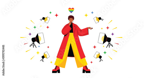 Fashionable person, colorful outfit, stage lights, spotlight, performance wear, red and yellow