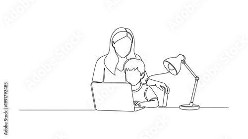 Continuous line drawing of mother helping son with homework on laptop.