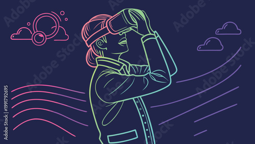Neon outline illustration of a person wearing a vr headset in a digital landscape