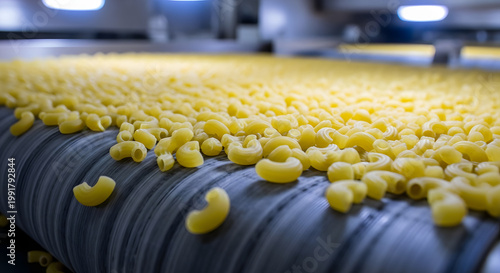 Macaroni pasta on industrial conveyor belt in factory. Generative AI Image