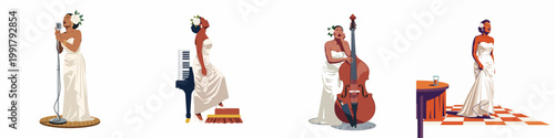 Elegant illustrations of a Black female jazz singer in a white dress, performing with microphone, piano, and double bass in a vintage style.