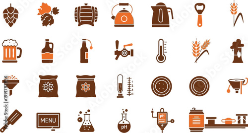 Collection of icons representing brewing and beverage preparation tools and items Vector