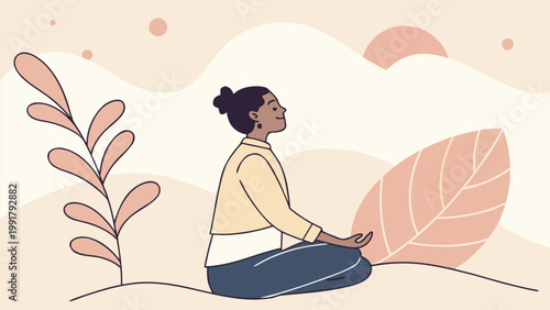 cartoon illustration of a pregnant woman sitting in a yoga pose and meditating peacefully