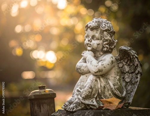 A weathered stone cherub statue, seated and serene, gazes thoughtfully at a blurry autumnal backdrop, bathed in golden sunlight
