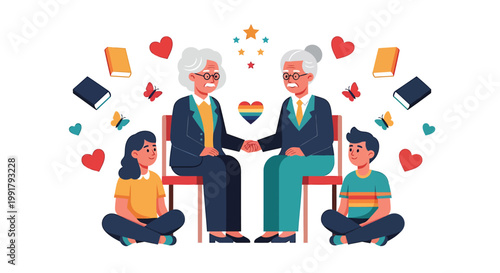 LGBTQ+, love, senior couple, family, relationships, vector icons