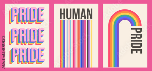 Queer poster set with 70s retro typography. Minimalist LGBTQIA human rights wall art, inclusive geometric vertical banner for Pride Month event marketing and branding. Vector illustration.