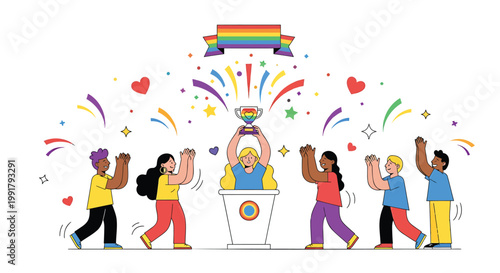 LGBTQ pride celebration, rainbow colorful people, diversity equity inclusion, pride month
